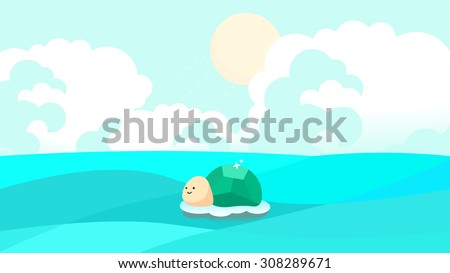 Cartoon illustration of a wildlife animal green turtle basking in the sun, sunbathing, tanning. Enjoy wonderful summer weather. Outdoor nature scene background. Sunlight, cloud, ocean clip arts.
