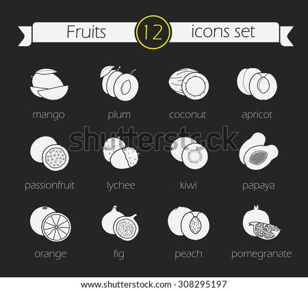 Fruits silhouette icons set. Blackboard chalk drawing sliced fruits realistic illustrations with signs. Vegetarian restaurant tropical food menu symbols. Grocery store diet nutrition vector clip art