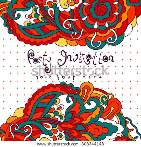  Vector doodle background.  Hand drawn masked design with psychedelic colorful flowers and leafs.  Colorful invitation card.
