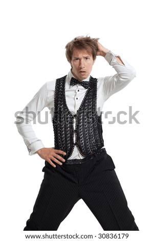 Confused man with bow tie isolated on white background