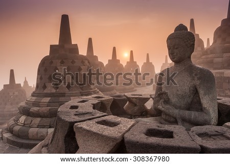Buddist Temple Borobudur Taken at Sunrise. Yogyakarta, Indonesia Royalty-Free Stock Photo #308367980