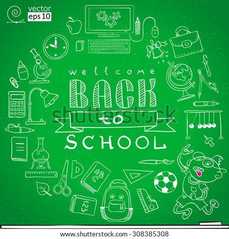 vector concept of "back to school" card with lettering, jolly schoolboy and school supplies. imitation drawing with chalk on blackboard