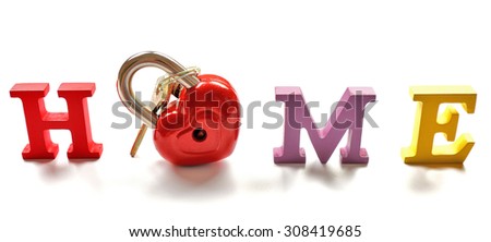 Decorative letters forming word HOME with lock and keys isolated on white