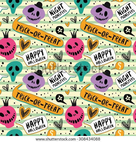 Happy Halloween. Bright pattern with monsters, speech bubbles. Vector seamless pattern for web page backgrounds, postcards, greeting cards, invitations, pattern fills, surface textures.