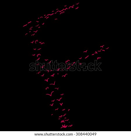 Red flock of birds in the shape of the letter f