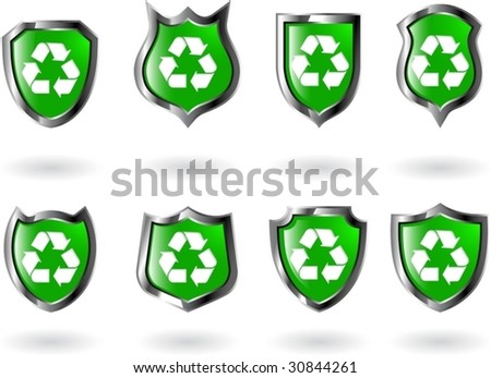 the set vector green shield with recycled symbol