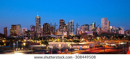 The buildings and architecture of Denver Colorado at dusk
