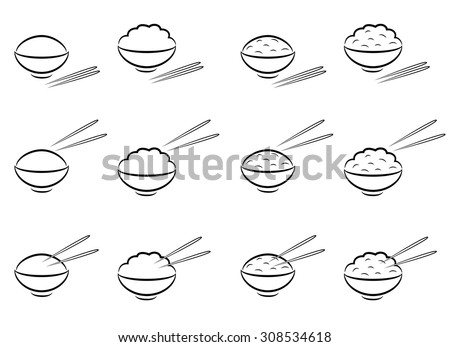  Rice Bowl symbol with chopsticks in line art style. vector illustration.