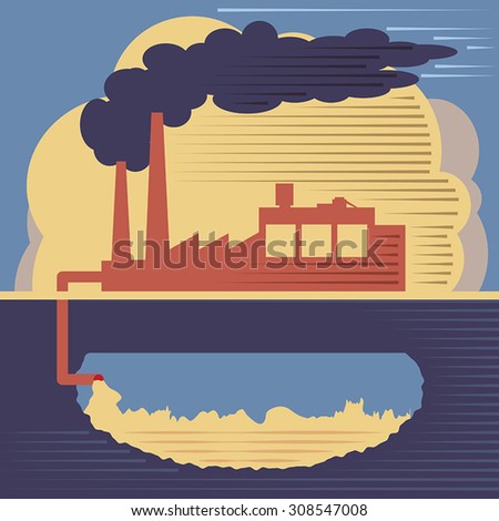 Pollution concept. Industrial pollution illustration, factory smoke from the chimney and air and soil pollution