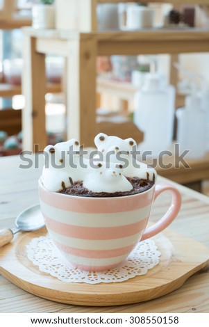 3D Latte Art, Cartoon, Teddy Bear,Cute bear on creamy bubbles hot chocolate