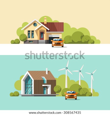 Traditional and modern house. Family home. Flat design vector concept illustration.