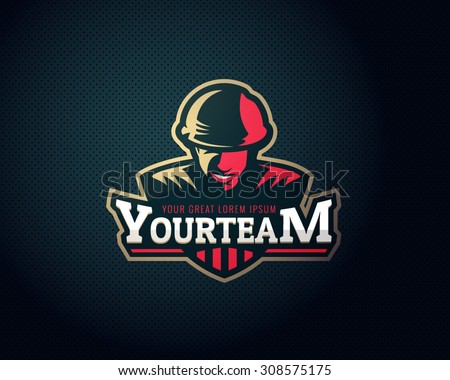 Colorful sport logo label with soldier illustration on dark background. Vector abstract illustration. Royalty-Free Stock Photo #308575175
