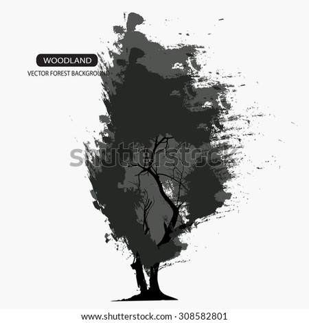 Trees and branches silhouette in aqua. Detailed vector illustration. Forest banner.detailed brush.