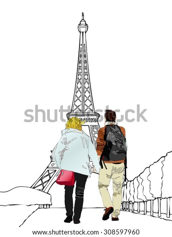 Tourists in Paris - Illustration representing an engaged couple strolling under the Eiffel Tower in Paris