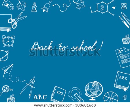 Back to school themed greetings with frame containing doodles on dark blue background.