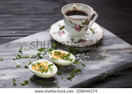 Boiled eggs and coffee in retro style