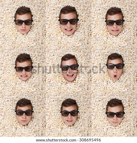 Set grimace, facial expressions. Young boy in stereo glasses, popcorn