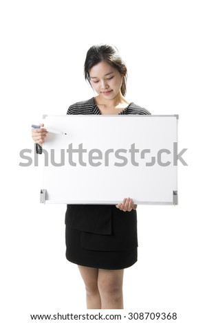 Young Asian Businesswoman Hold Whiteboard and Presenting Annual Report