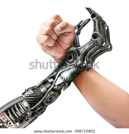 Human and robot hand in action of arm wrestling isolated on white background