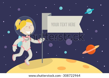 Cute girl astronaut holding a flag on a new planet. Flat design vector illustration