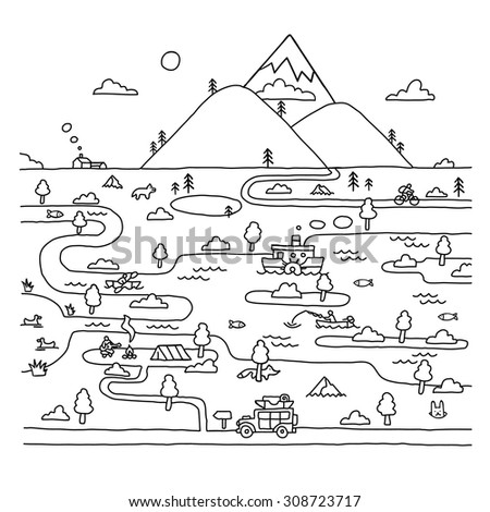Eco travel in doodle style. Outdoor.