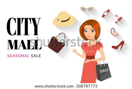 Woman doing shopping illustration with shadows isolated on white. Text outlined