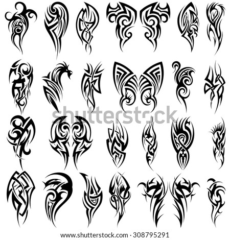 Set of 24 Tribal Tattoos in Black Color. Suitable For All Kind of Design (Web Page, Interface, Advertising, Polygraph and Other). Vector Illustration.  Royalty-Free Stock Photo #308795291
