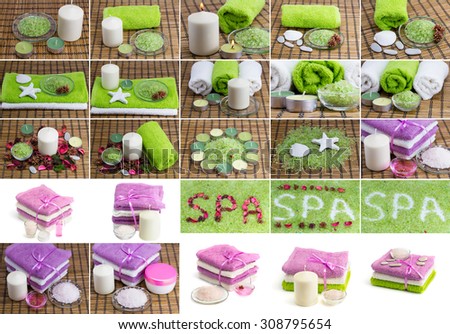 A large collection of photo shoots with different accessories on the theme of the spa treatments