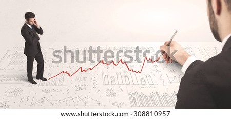 Business man looking at red arrow drawn by a hand concept on background