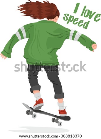 skater girl in hoodie back on a skateboard I love speed