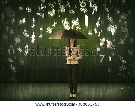 Businesswoman standing with umbrella and 3d numbers raining concept on background