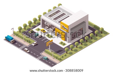 Vector isometric icon or infographic element representing low poly car official dealership building with new cars on display and advertising sign Royalty-Free Stock Photo #308858009
