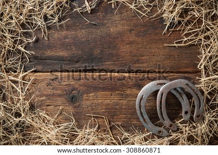 Two old rusty horseshoes surrounded by straw on vintage wooden board