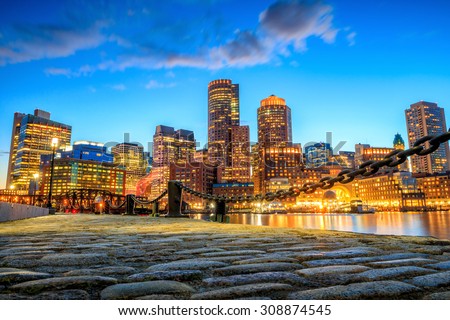 Boston Harbor and Financial District at twilight, Massachusetts.

