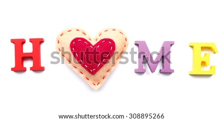 Decorative letters forming word HOME with heart isolated on white