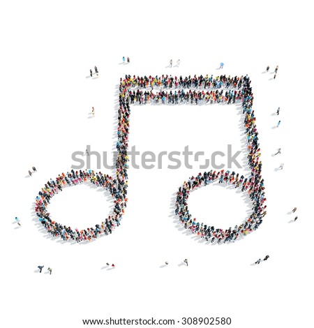A group of people in the shape of a note, music, isolated, white background.