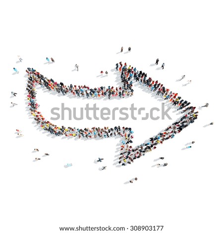 A group of people in the shape of an arrow, cartoon, isolated, white background.