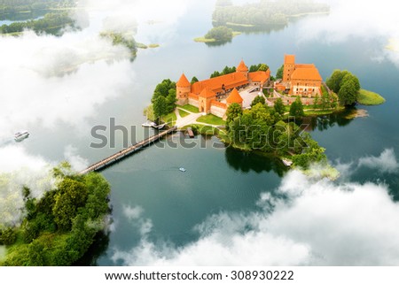 Aerial view of old castle. Trakai, Lithuania. Royalty-Free Stock Photo #308930222