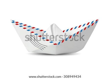 Paper boat made from mail envelope isolated, message concept