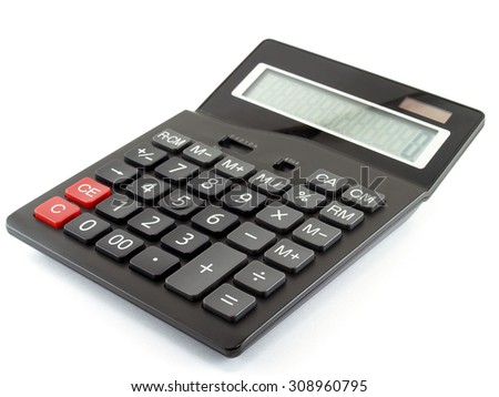 closeup single black digital calculator isolated on white background, electronic office supplies for calculating the numbers in business finance or mathematics education Royalty-Free Stock Photo #308960795