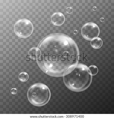White water bubbles with reflection set on transparent background vector illustration Royalty-Free Stock Photo #308971400