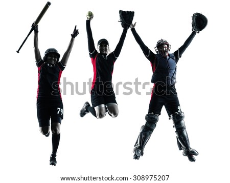 women playing softball players in silhouette isolated on white background