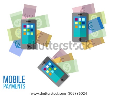 Mobile payment via smartphone. Wireless payment vector