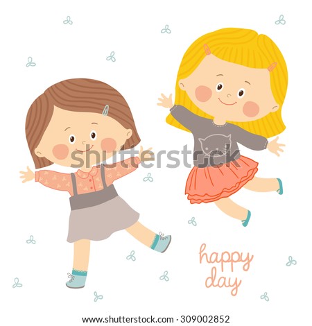 Jumping kids. Cute little girls smiling and jumping. Happy children jumping. Vector clip art illustration of cartoon kid / teen character isolated on white background.