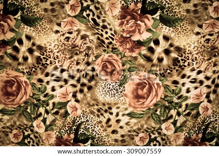 texture of print fabric striped leopard and flower for background Royalty-Free Stock Photo #309007559