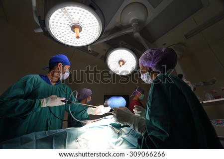 group of veterinarian doctor in operation room for laparoscopic surgical 