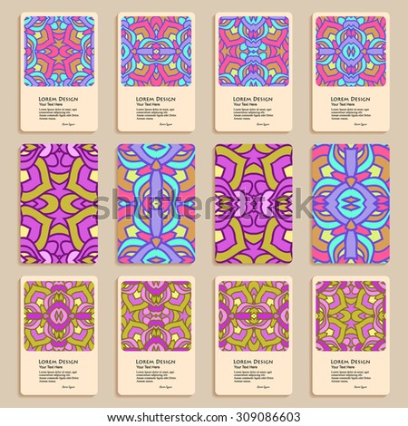 multicolored set of business cards with hand drawn tribal ornament, mandala, for greeting, invitation card, or cover. Vector illustration