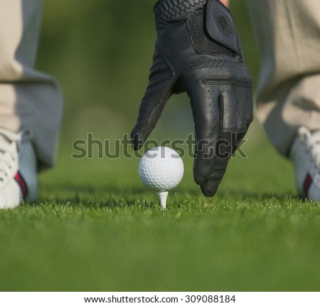 Close-up picture of hand holding golf ball with tee on course. Man's hand in leather glove going to touch the ball isolated on green background.