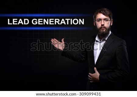 Businessman over black background presenting lead generation  concept. 
