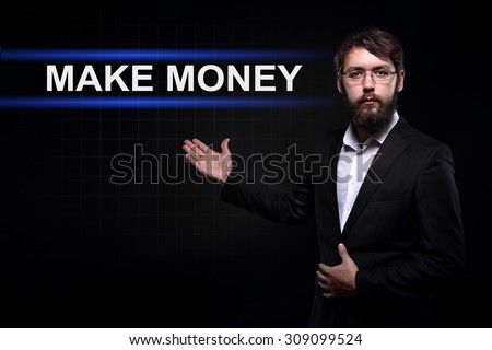 Businessman over black background presenting  make money concept. 